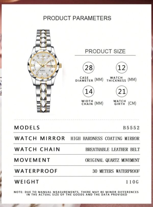 BINBOND 1pc Ladies Watch Gold Watch Luxury Quartz Watch For Women, Fashion Waterproof Night Light Stainless Steel Business Casual Dual Calendar Ladies Wristwatch – Image 3