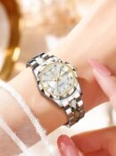 BINBOND 1pc Ladies Watch Gold Watch Luxury Quartz Watch For Women, Fashion Waterproof Night Light Stainless Steel Business Casual Dual Calendar Ladies Wristwatch